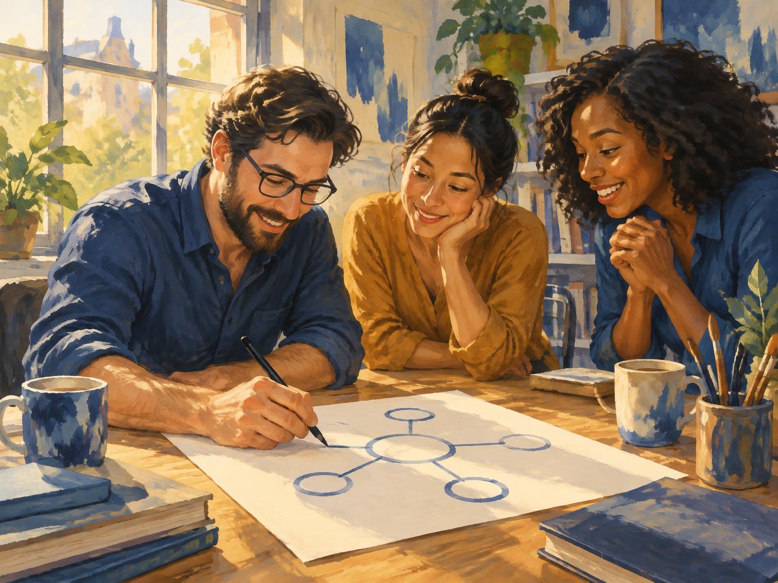 Colleagues leaning into a team diagram at a morning-lit studio table, painted in gouache