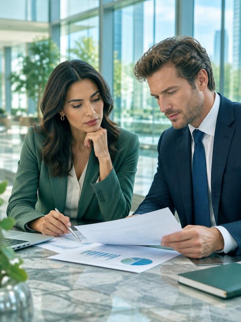Financial professionals carefully reviewing documents in a contemporary office