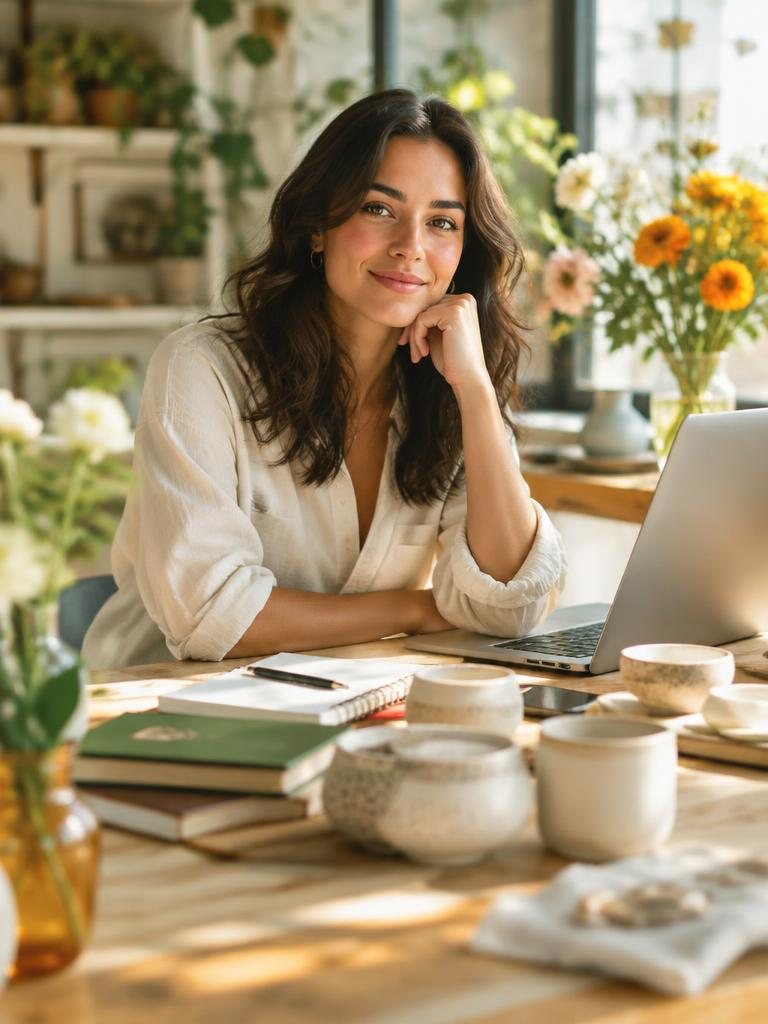 An entrepreneur at a sunny worktable with a laptop, notebooks and ceramic prototypes