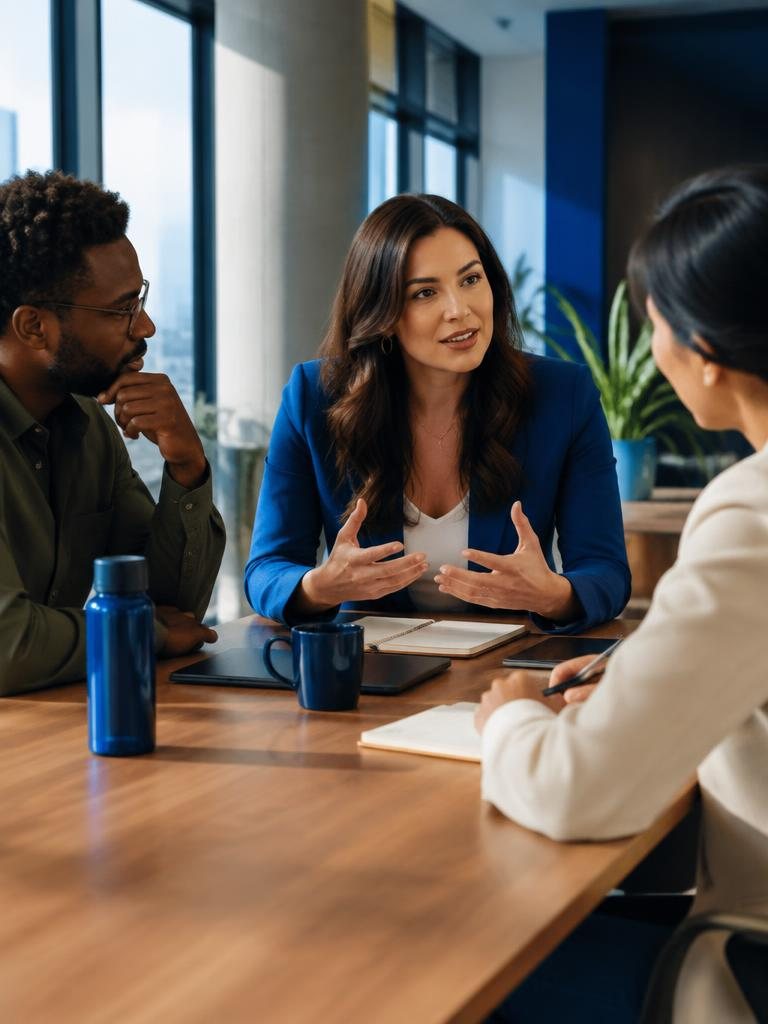 A leader listening and exchanging ideas with colleagues around a studio table