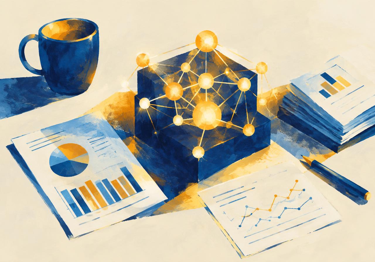 Painterly study scene with reports, charts and a glowing network model representing practical AI