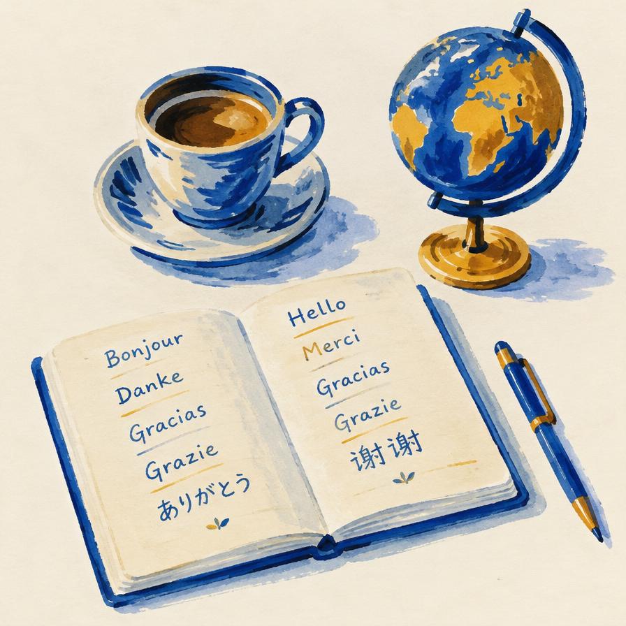 Painterly language-learning scene with a phrase notebook, coffee cup, globe and pen
